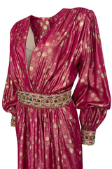 1980s Adele Simpson Pink & Gold Metallic Lame Beaded Dress w Beading