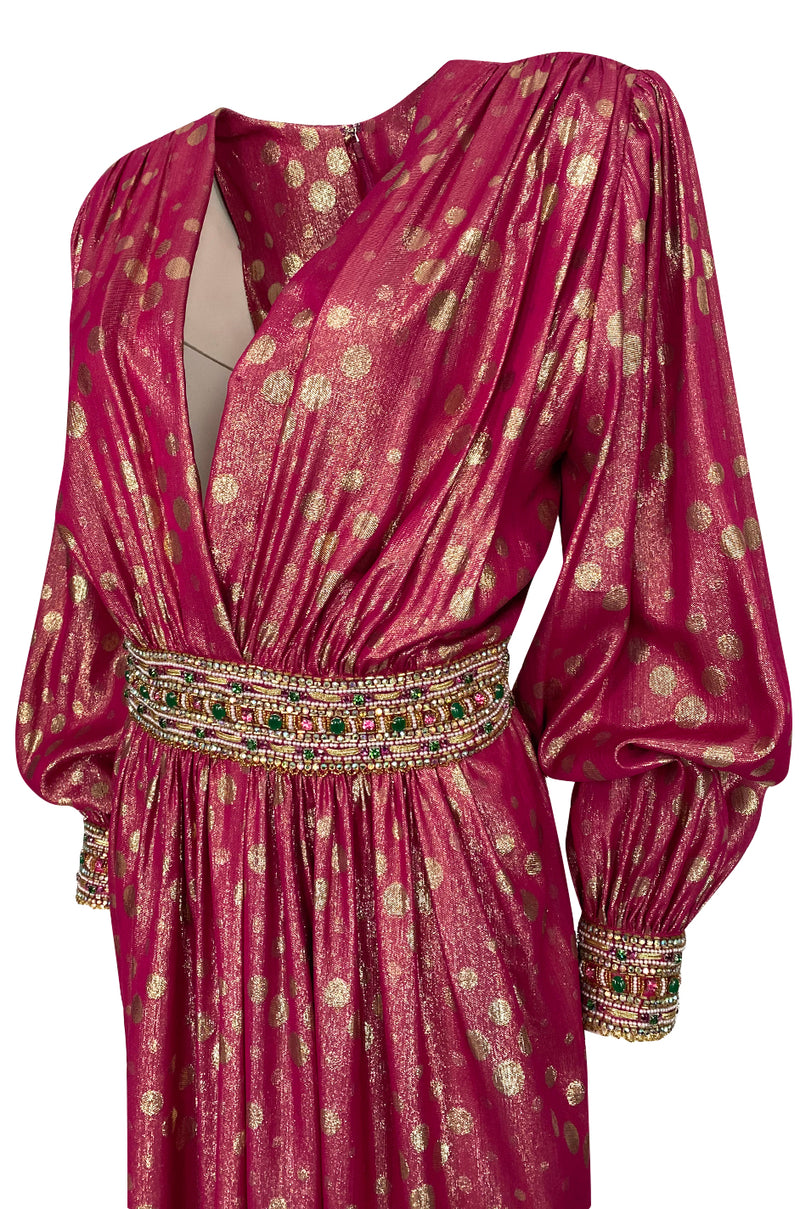 1980s Adele Simpson Pink & Gold Metallic Lame Beaded Dress w Beading