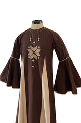 1960s Josefa Hand Embroidered Chocolate & Natural Linen Colour Bell Sleeve Caftan