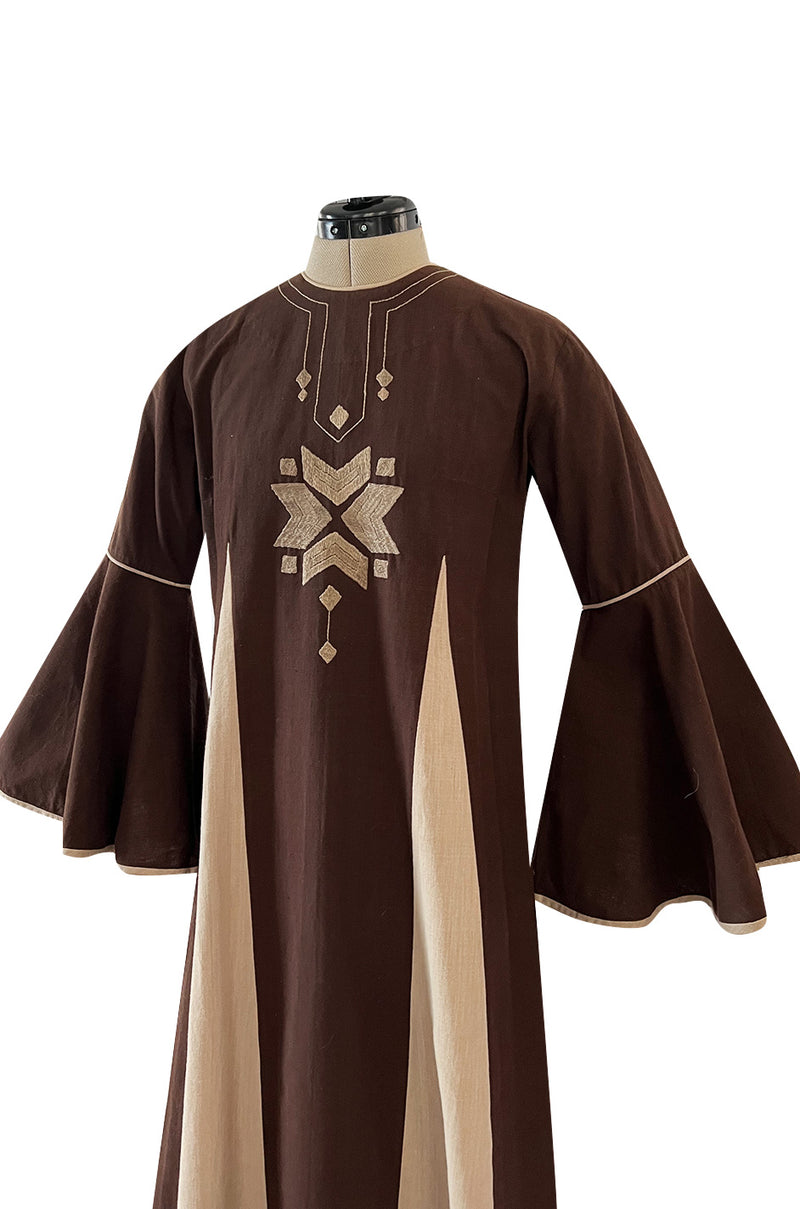 1960s Josefa Hand Embroidered Chocolate & Natural Linen Colour Bell Sleeve Caftan