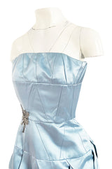Custom Made 1998 Ice Baby Blue Silk Satin Intricate Panel Strapless Dress W Bead Detail