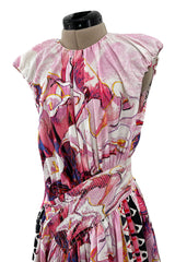Prettiest Recent Prada Pink Flowerpot Postcard Print Cotton Dress w Asymetrical Hemline