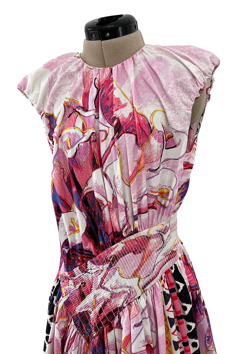 Prettiest Recent Prada Pink Flowerpot Postcard Print Cotton Dress w Asymetrical Hemline