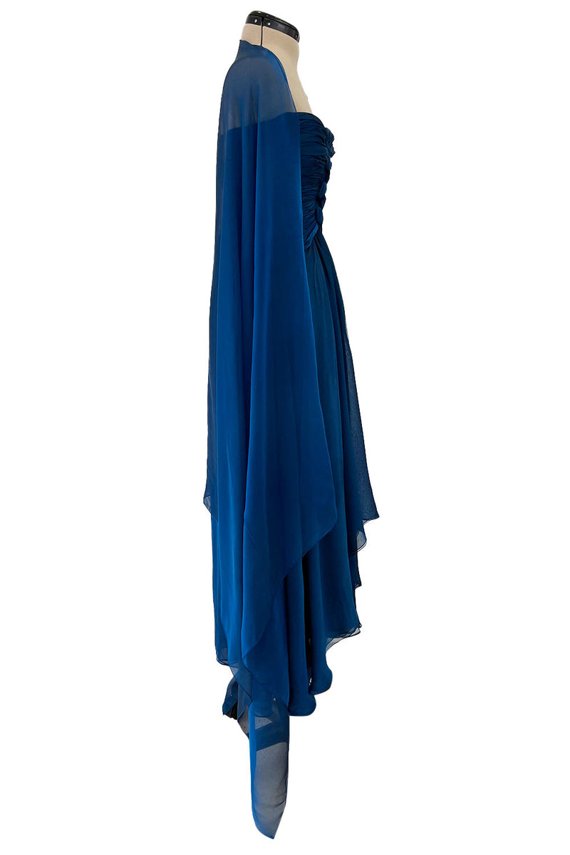 Spring 1990 Oscar De La Renta Deep Sapphire Blue Silk Chiffon Strapless Dress