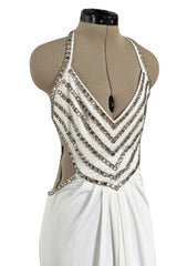 Stellar 1970s Luis Estevez Backless White Jersey Dress w Silver Studded Front