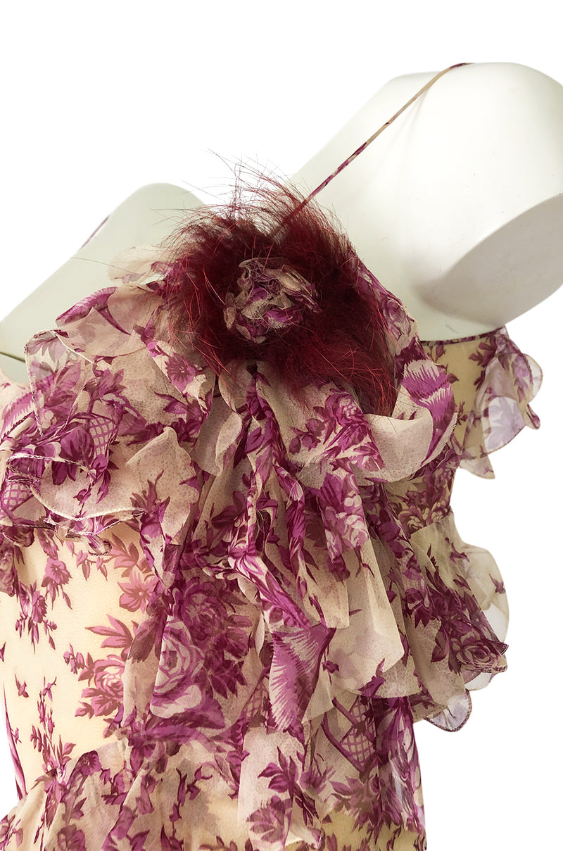 2000s John Galliano Purple Floral Print Silk Bias Cut Ruffle Dress