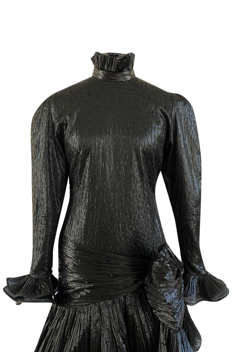 1980s Salvadori Albani Couture Black Textured Silk Lame & Plisse Finish Drop Waist Dress