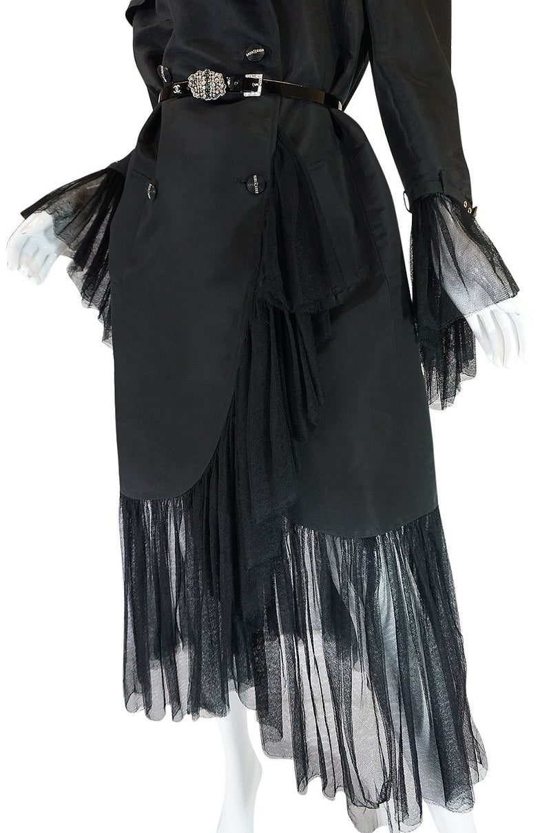 2006A Chanel Black Silk Tulle Edged Trench Coat