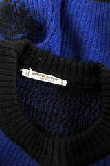 1980s Yves Saint Laurent Oversized Eagle Print Blue Wool Sweater