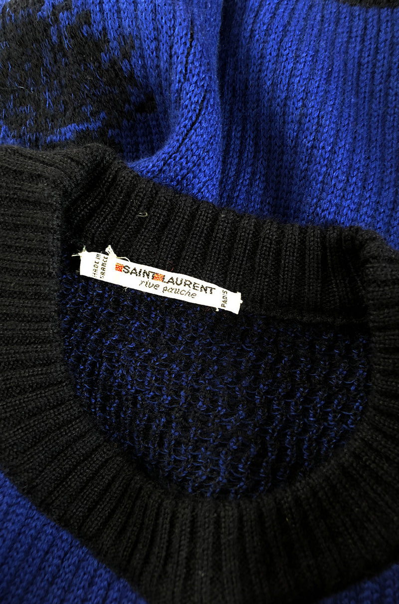 1980s Yves Saint Laurent Oversized Eagle Print Blue Wool Sweater