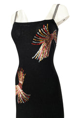 Stunning 1970s Adolfo Black Knit w Shrimpton – & Detailing Dress Sequin Couture Rhinestone