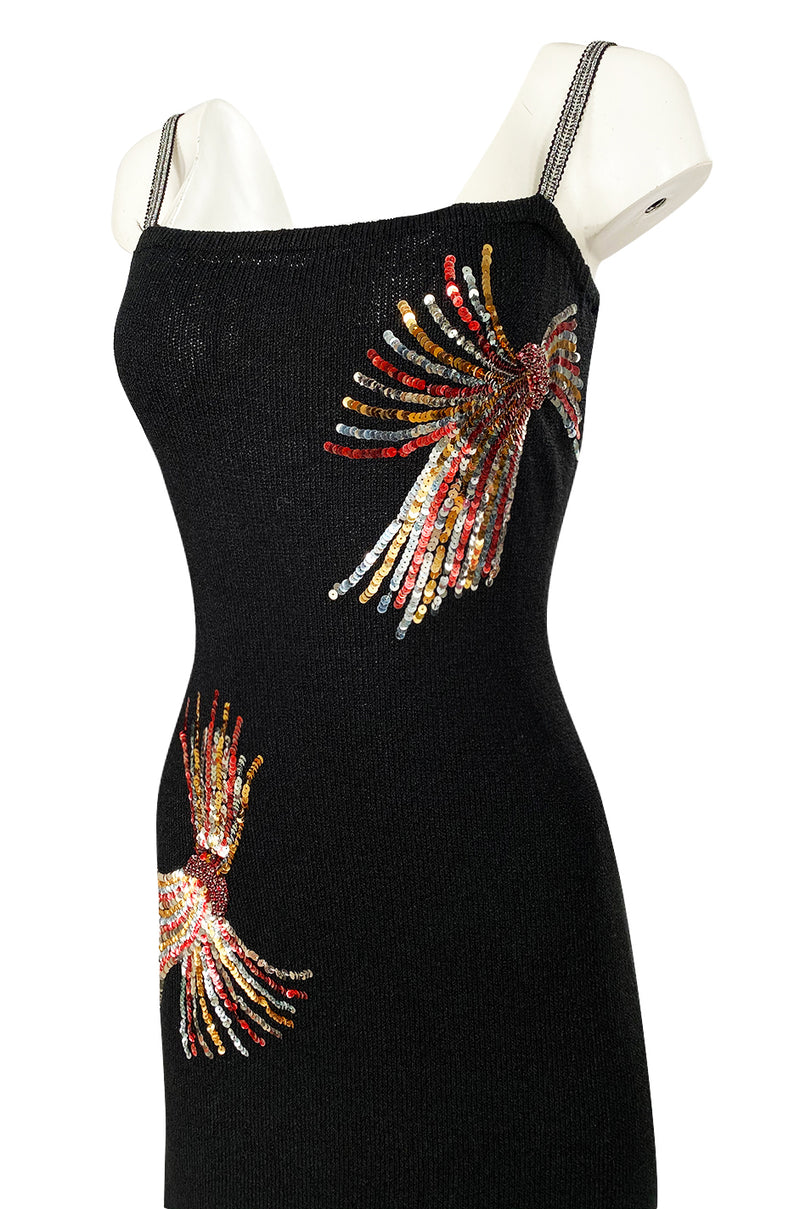Stunning 1970s Adolfo Black Knit w Sequin & Rhinestone Detailing Dress