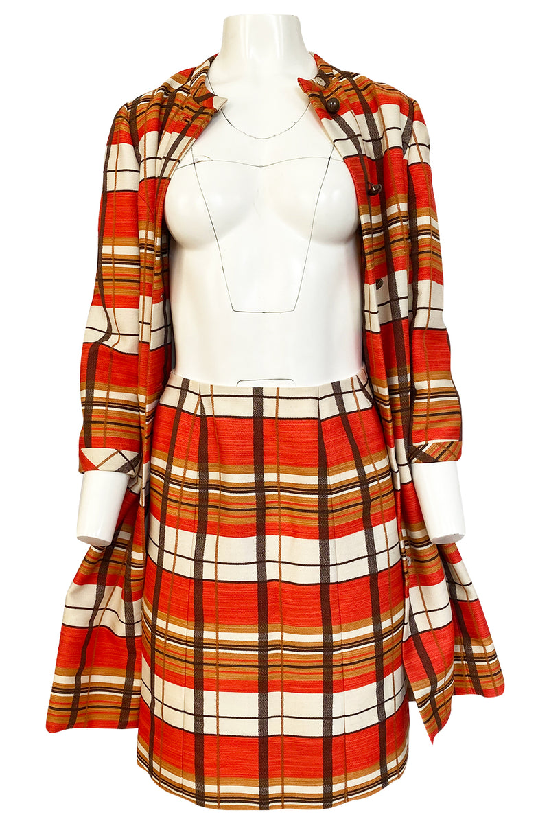 1967 Jacques Tiffeau Orange Plaid Skirt & Matching Coat Suit Set