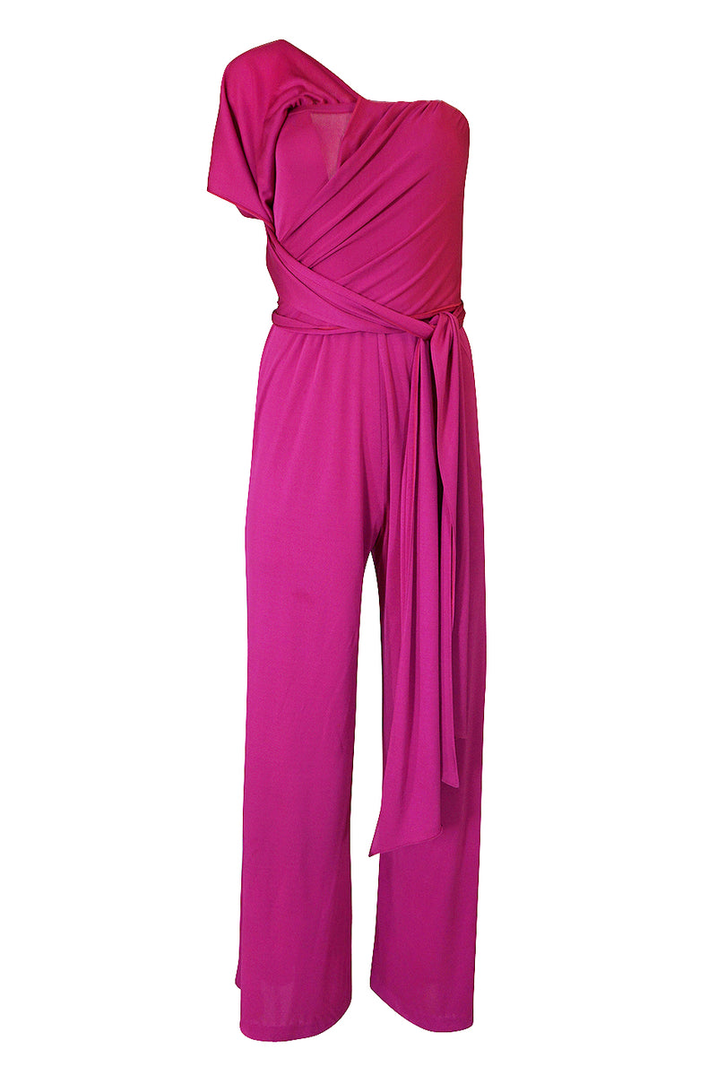 1970s Scott Barrie Multi Wrap Bodice Pink Silk Jersey Jumpsuit