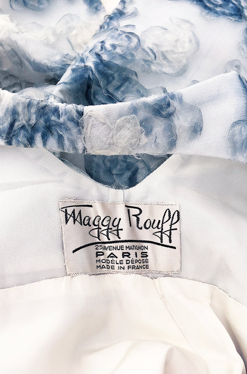 c.1963 Maggy Rouff Haute Couture Pale Metallic Blue Net & Ribbon Dress