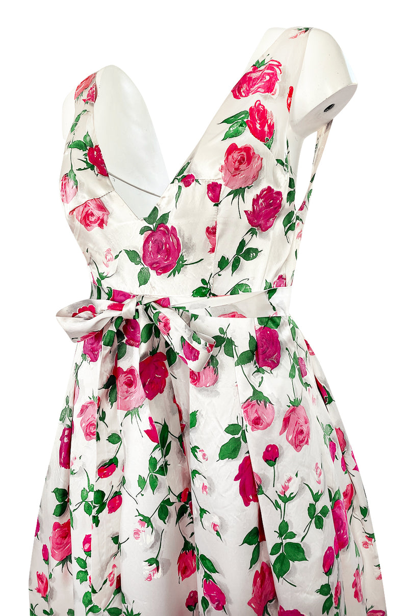 1950s Unlabeled Hand Painted Rose Print Light Satin Backless Halter Dress