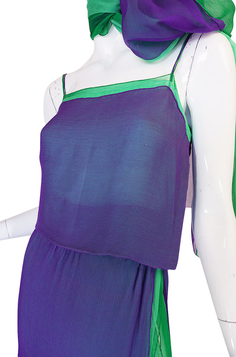 1970s Pauline Trigere Purple & Green Silk Chiffon Set