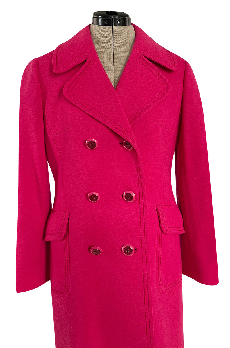 Gorgeous 1970s Unlabeled Top Stitched Knit Jersey Coat in a Bright Joyful Raspberry Coral Colour
