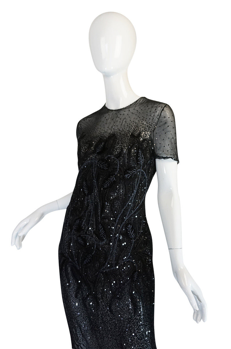 1980s Bill Blass Sequin & Beaded Black Silk Chiffon Dress