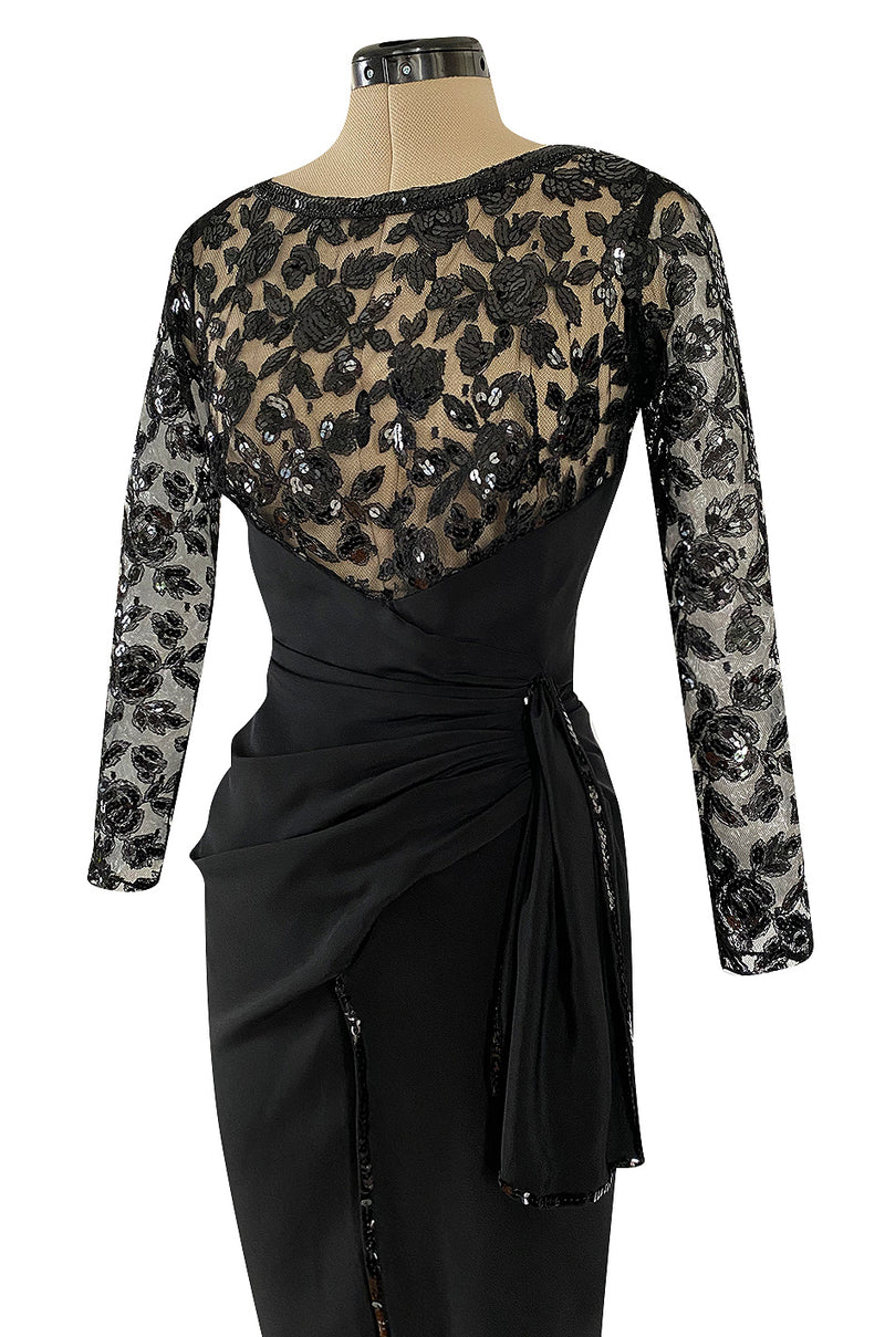1980s Loris Azzaro Couture Black Silk & Net Sequin Floral Bodice Dress w Swag Hip Detail