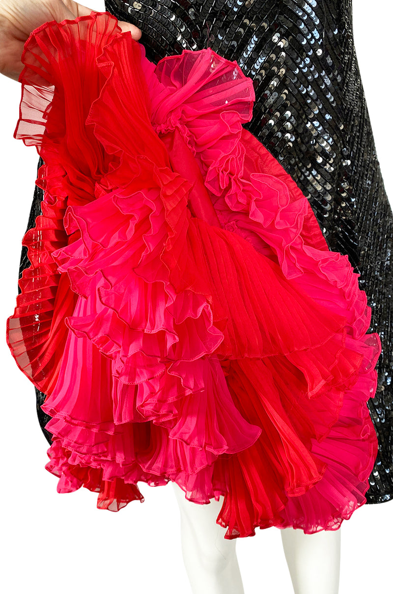 1980s Bob Mackie Heavily Beaded & Sequin Dress w Pink & Red Surprise Underskirt