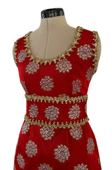 Exceptional Late 1960s Oscar de la Renta Red Silk Dress w Gold & Silver Detailing