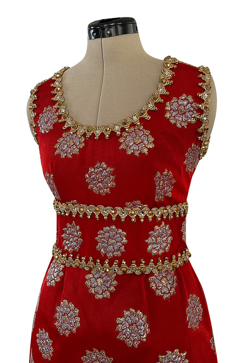 Exceptional Late 1960s Oscar de la Renta Red Silk Dress w Gold & Silver Detailing