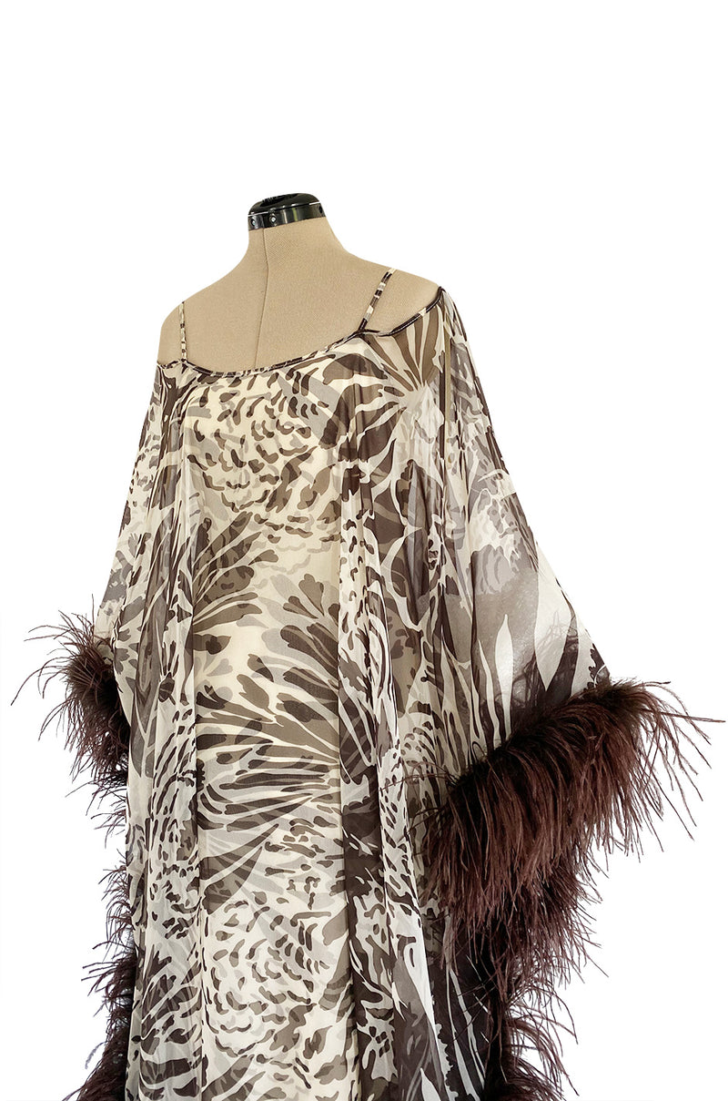 1960s Unlabeled Brown Floral Print Chiffon Caftan Dress w Feather Trim & Bare Shoulder Cut