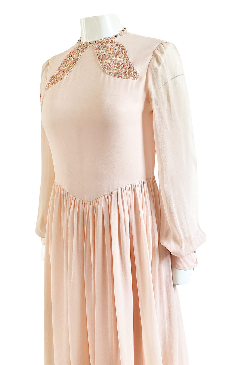 1960s Tiziani by Karl Lagerfeld Couture Blush Silk Chiffon & Sequin Dress