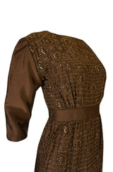 1960s Unlabeled Demi Couture Bead & Sequin Copper Silk Dress