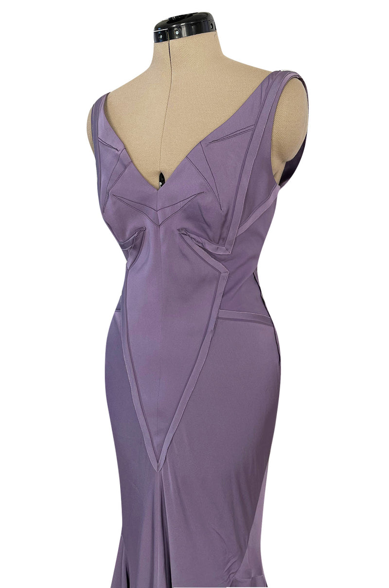 2014 Zac Posen Bias Cut Soft Purple Dress W Low V Back and Front & Exposed Edge Seaming