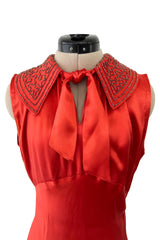 Gorgeous 1930s Coral Red Bias Cut Dress w Back Cut Outs & Matching Beaded Jacket