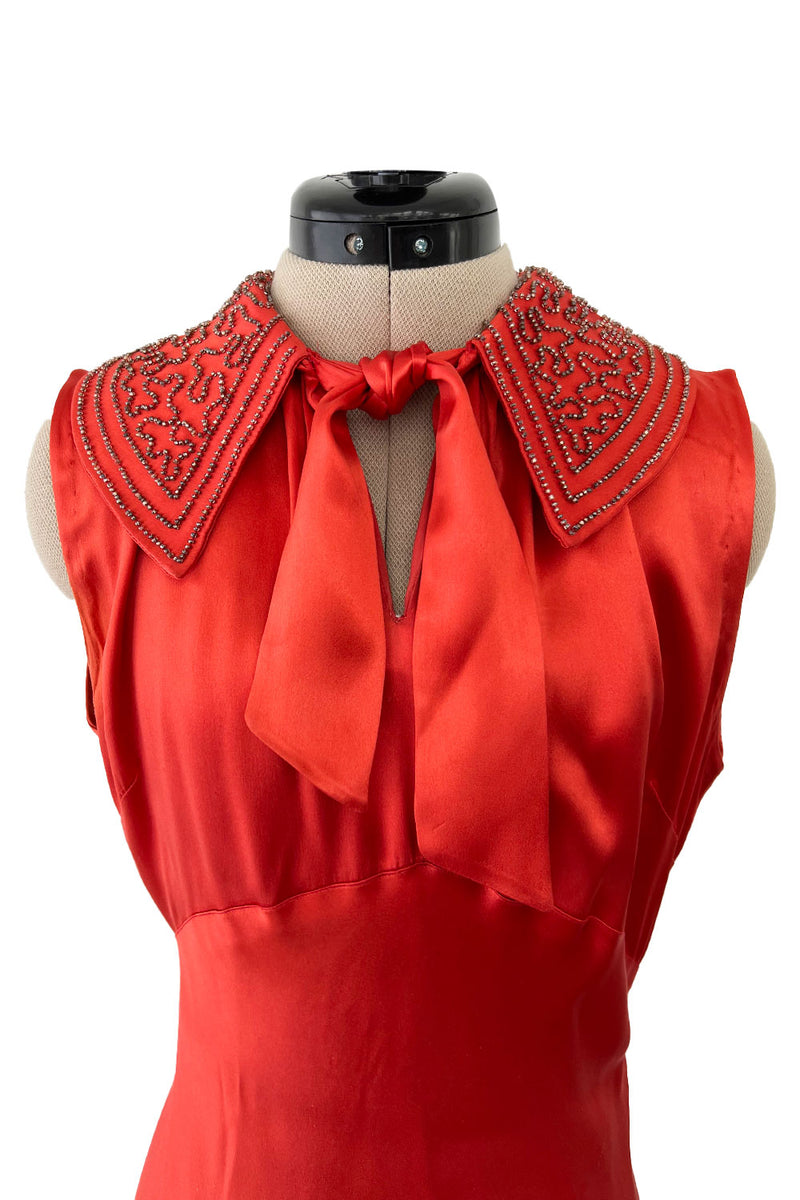 Gorgeous 1930s Coral Red Bias Cut Dress w Back Cut Outs & Matching Beaded Jacket