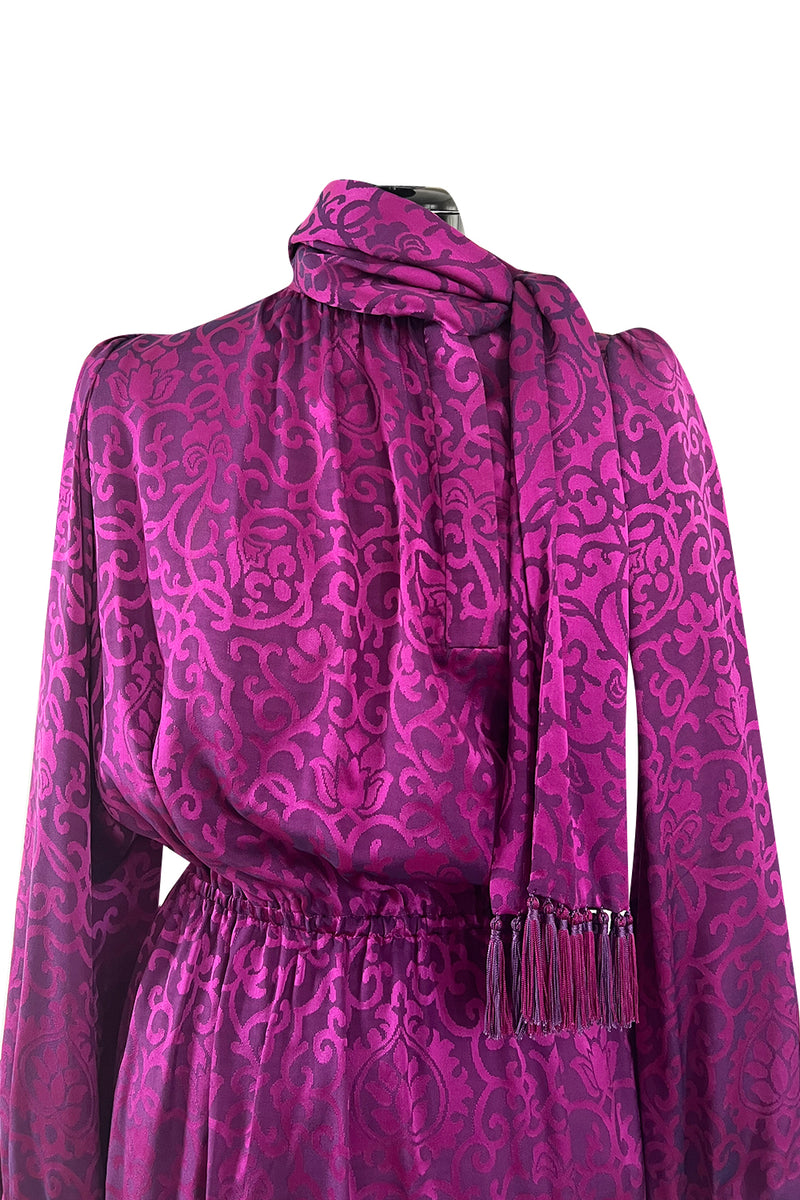 Chic Fall 1994 Yves Saint Laurent Haute Couture Silk Fuschia Dress w Fringed Scarf Detail