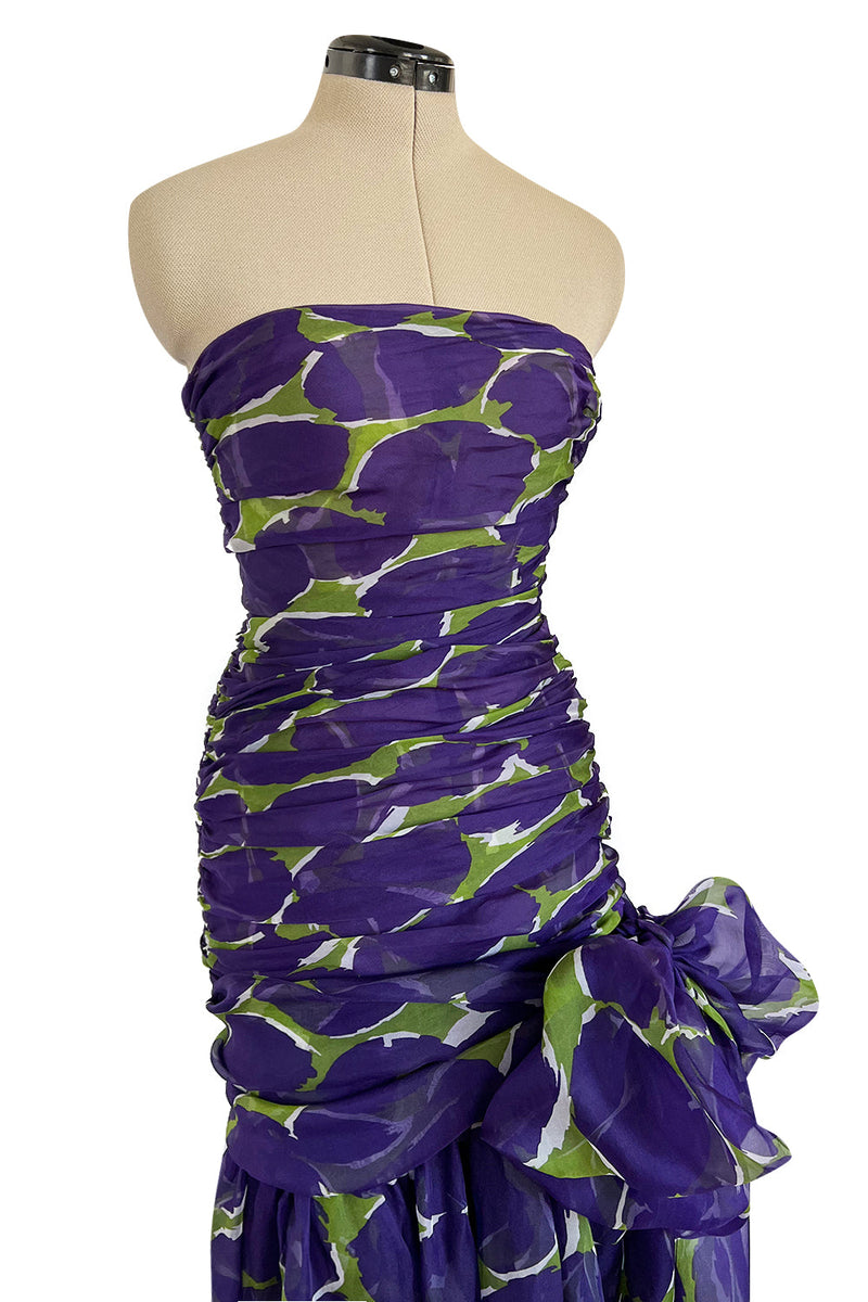 Prettiest Spring 1984 Yves Saint Laurent Runway Strapless Purple & Green Silk Dress