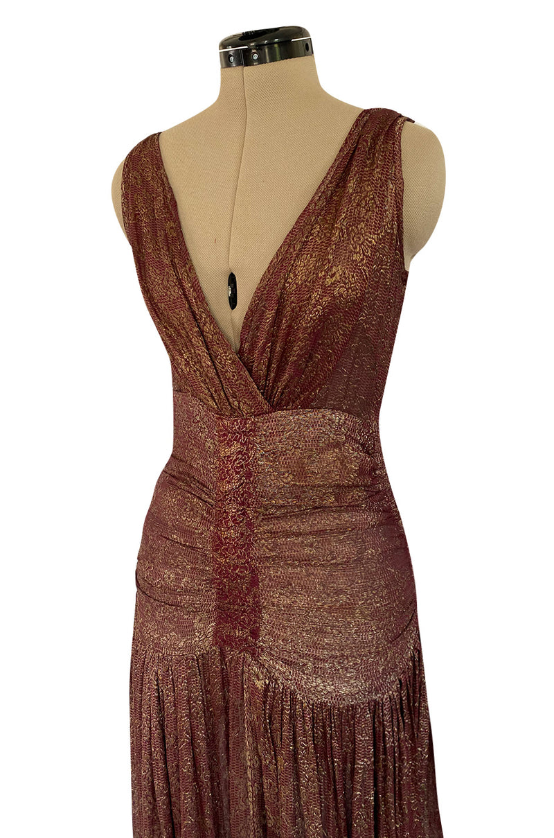 Late 1920s Unlabeled Gold Metallic Lame Thread Mixed w Deep Burgundy Silk Deep Plunge Dress