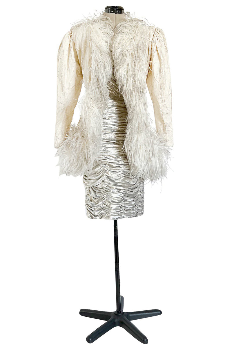 Documented Fall 1984 Emanuel Ungaro Haute Couture Silver Velvet Dress & Feather Jacket