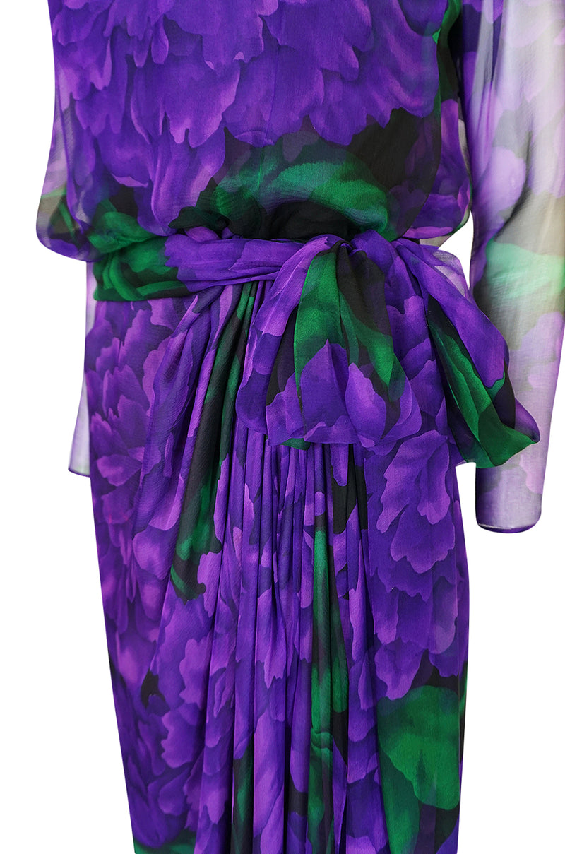 Extraordinary 1970s James Galanos Purple Silk Chiffon Demi-Couture Dress