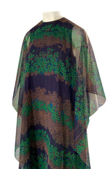 1970s Jean Varon Printed Green & Deep Blue Tiered Chiffon Caftan Dress