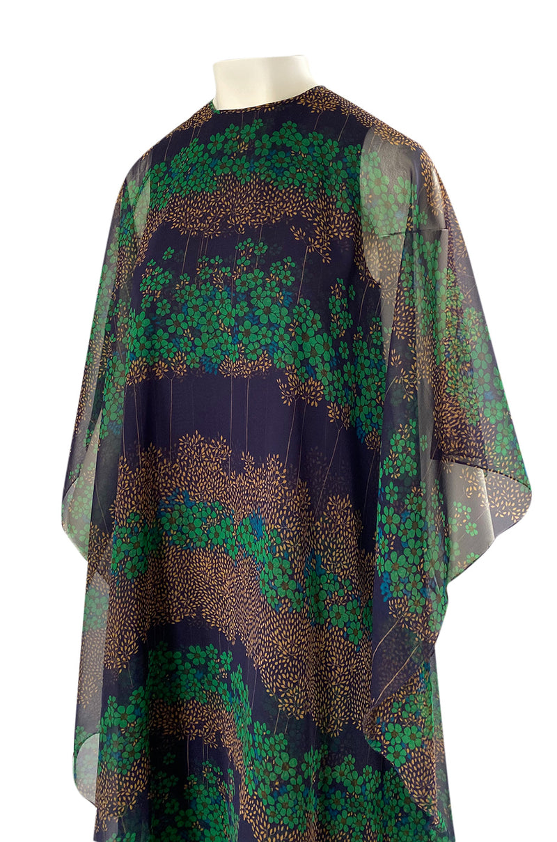 1970s Jean Varon Printed Green & Deep Blue Tiered Chiffon Caftan Dress