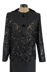 1980s Ady Couture Lausanne Transparent Lace & Sequin Jacket Suit w Black Pencil Skirt