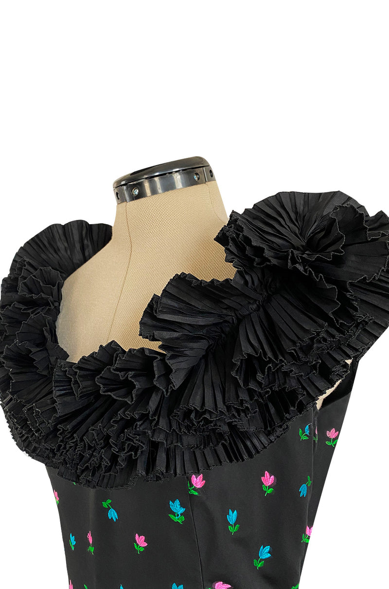 1970s Louis Mies Couture Level Black Silk Taffeta Dress w Embroidered Flowers & Ruffled Detailing