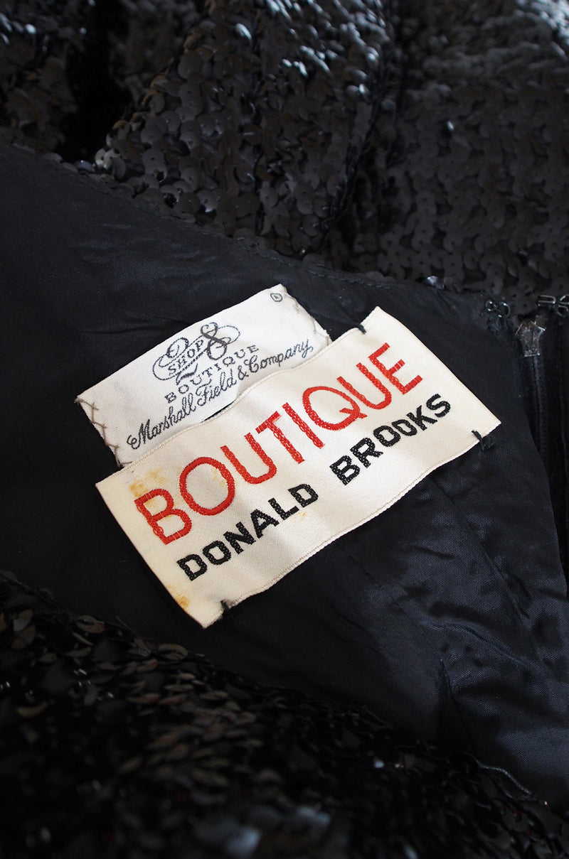 1970s Glossy Black Sequin Donald Brooks Dress