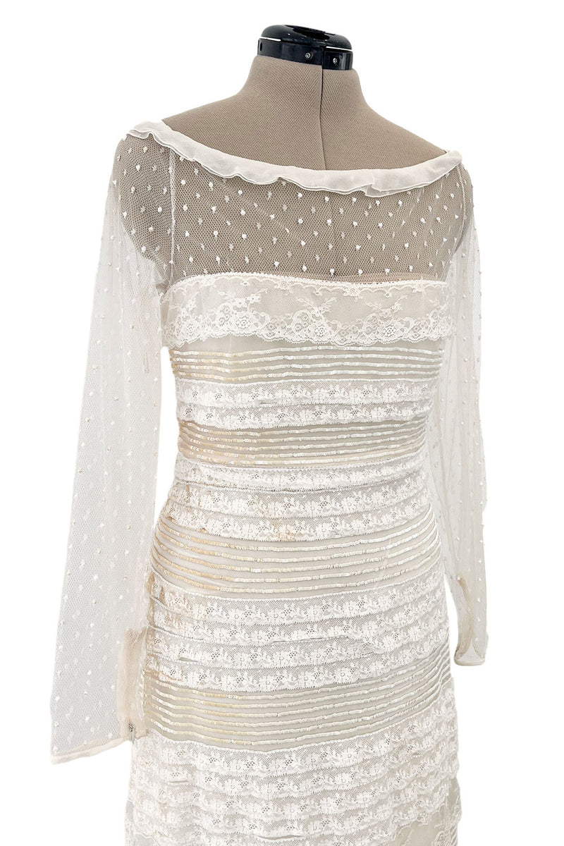 Prettiest 2012 Valentino Tiered Ivory Lace Net Dress w Tiny Sequin & Bead Detailing