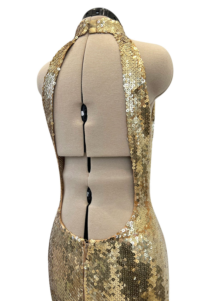Rare Spring 1973 Loris Azzaro Ad Campaign Documented Gold Metallic Sequin Backless Halter Dress