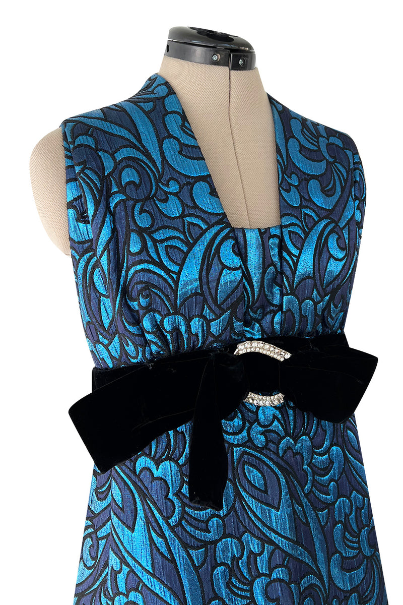 Late 1960s Lanvin by Jules-Francois Crahay Blue Metallic Silk Dress w Bow Detailing