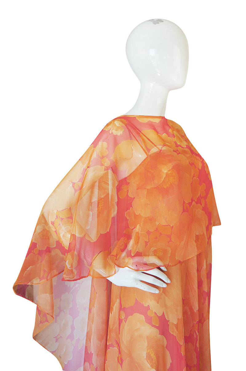 1960s Unlabelled Floral Chiffon Dress with Cape Overlay