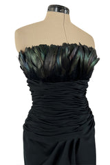 1980s Victor Costa Strapless Jersey Dress w Iridescent Feather Bodice Detail