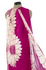 1969 Hanae Mori Chrysanthemum Print Pink Silk Twill & Silk Chiffon Dress