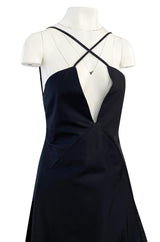 1990s Calvin Klein Black Front Plunge Halter Dress w No Back and Long Full Skirt